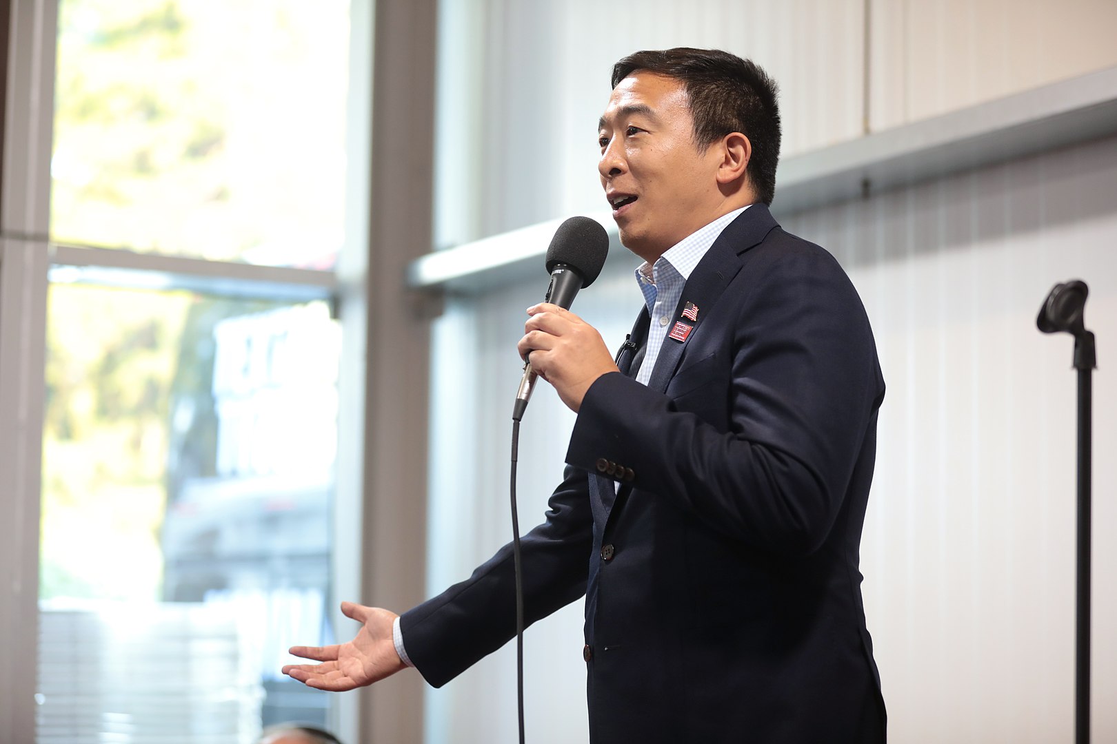 Andrew Yang speaking at a fundraiser in Des Moines, Iowa -- Humanity Forward